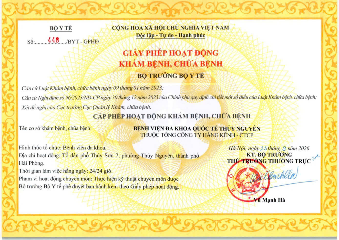 Giấy phép hoạt động khám bệnh, chữa bệnh số 448/BYT-GPHĐ do Bộ Y tế cấp cho Bệnh viện Đa khoa Quốc tế Thủy Nguyên ngày 23/9/2026