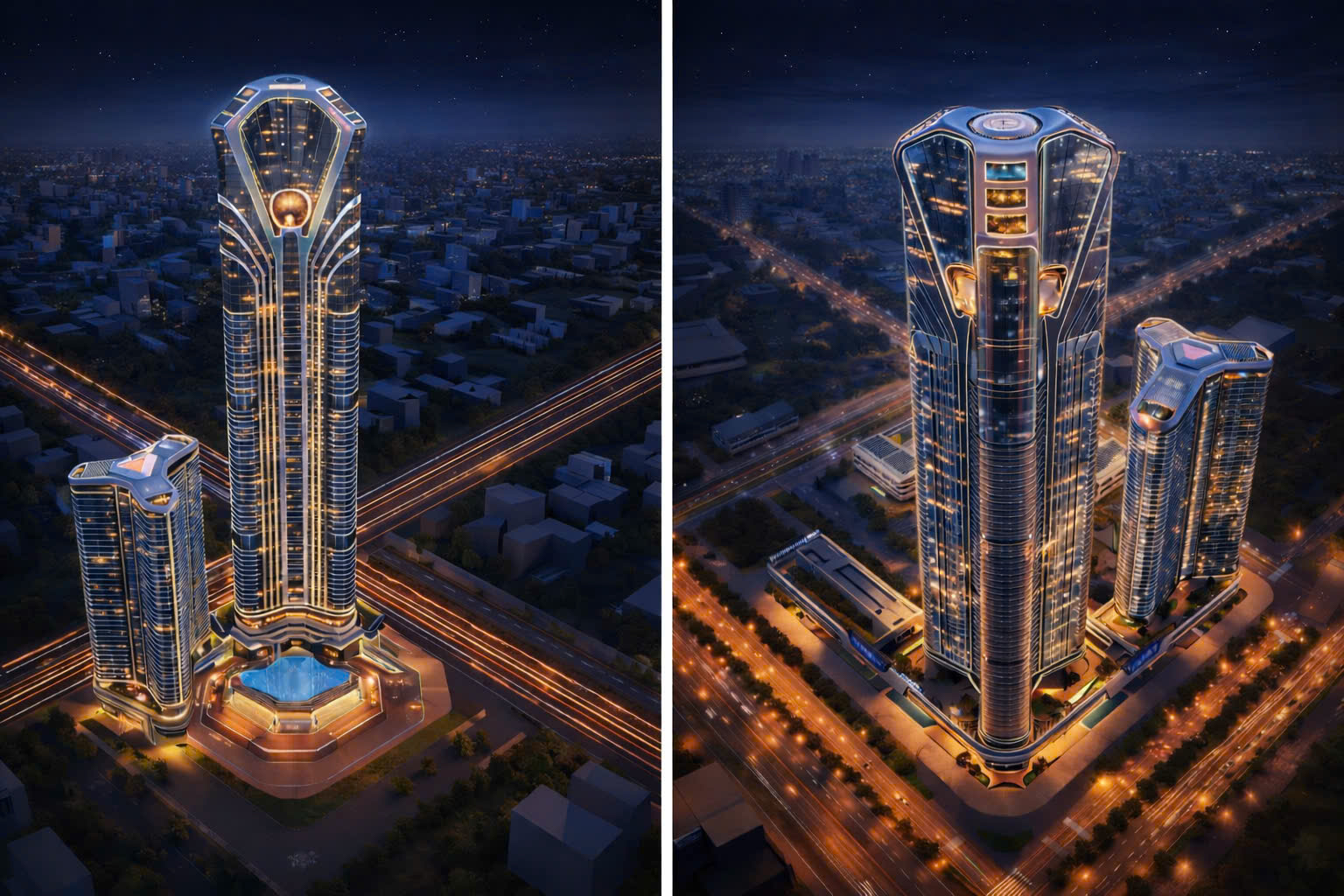 Phối cảnh ban đêm của hai toà trong dự án Doji 75 Complex do chủ đầu tư công bố, một toà tháp cao vút ở giữa và một toà thấp hơn bên cạnh, nằm ở góc giao hai con đường